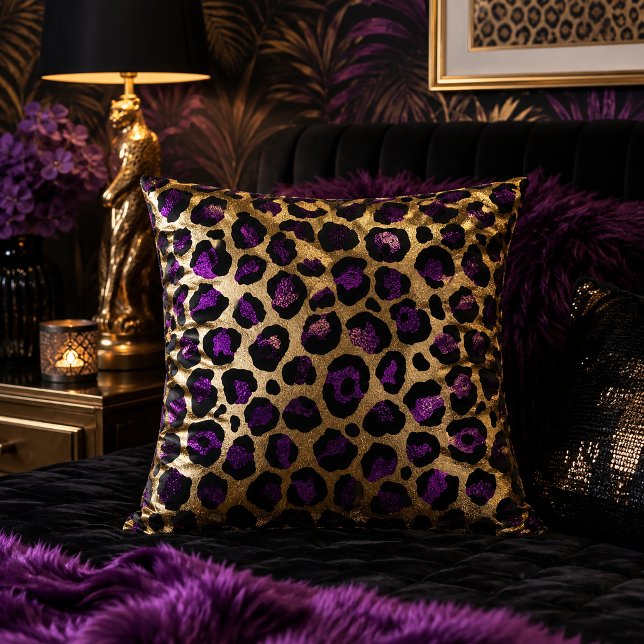 Purple and Gold Leopard Print Animal Pattern Throw Pillow (Creator Uploaded)