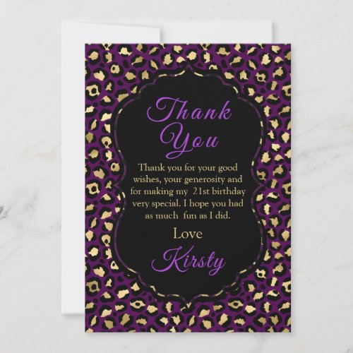 Purple and Gold Leopard Print Birthday Party Thank You Card
