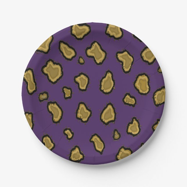 Purple and Gold Leopard Print Paper Plates (Front)