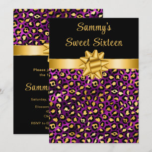 Purple and Gold Leopard Print Sweet Sixteen Invitation