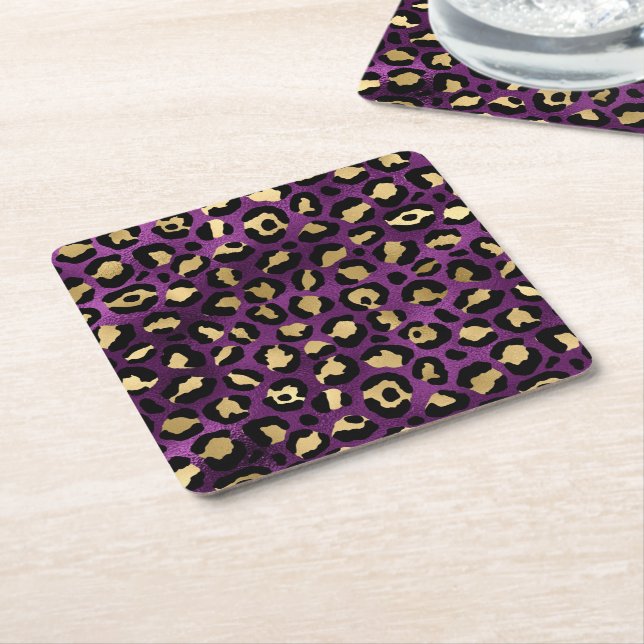 Purple and Gold Leopard Series Design 1 Square Paper Coaster (Angled)