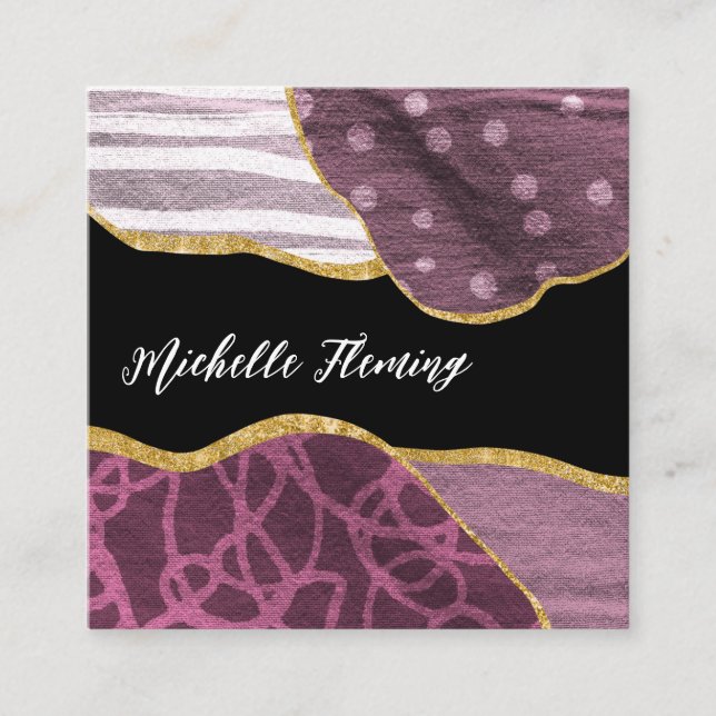 Purple and Gold Linen Fabric QR Code Square Business Card (Front)