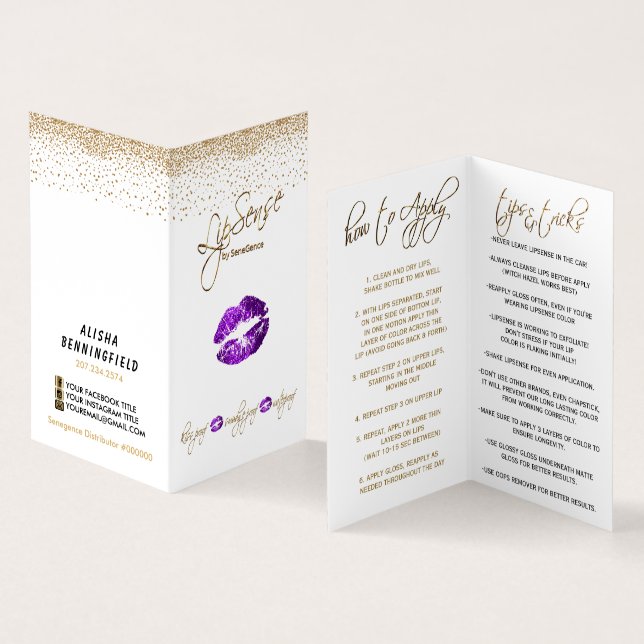 Purple and Gold Lip Instructions Business Card (Inside and Outside)