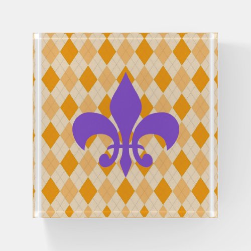 Purple and Gold Louisiana Fleur de Lis Argyle Paperweight