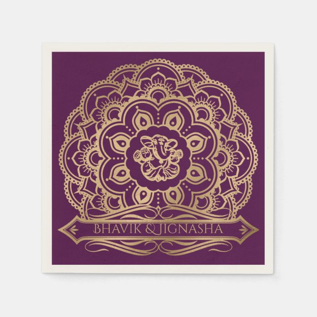 Purple and Gold Mandala Indian Wedding Napkin (Front)