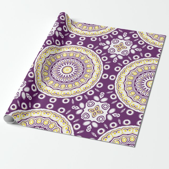 Purple and Gold Mandala Pattern Wrapping Paper (Unrolled)