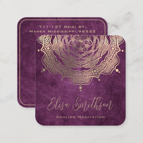   Purple And Gold Mandala Reiki Healing Meditation Square Business Card