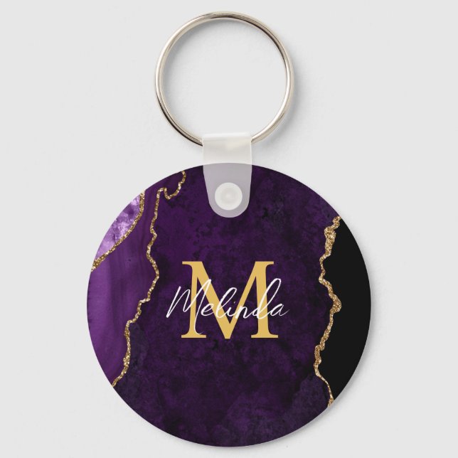 Purple and Gold Marble Agate Keychain (Front)