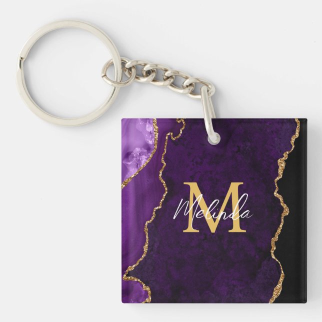 Purple and Gold Marble Agate Keychain (Front)