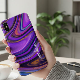 Purple and Gold Marble Agate Monogram iPhone X Case
