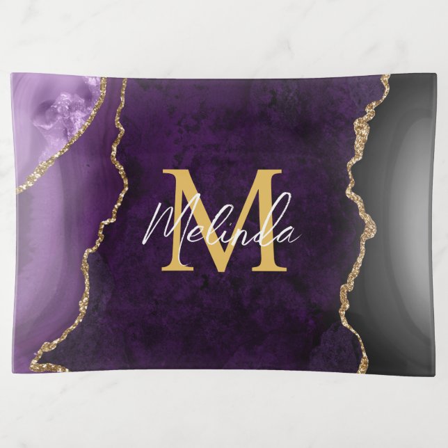 Purple and Gold Marble Agate Trinket Tray (Front)