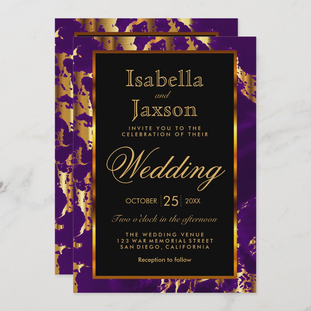 Purple and Gold Marble and Black Invitation | Zazzle