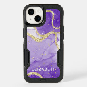 purple and gold marble glitter personalized OtterBox iPhone 14 case
