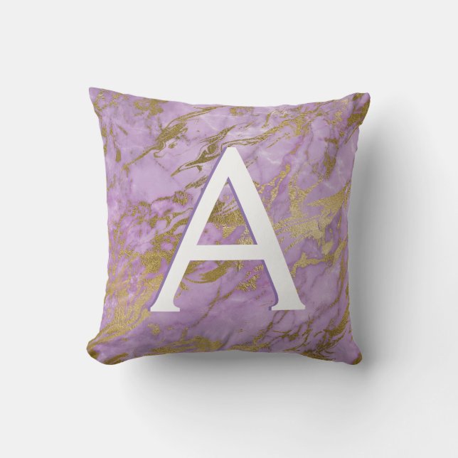 Purple and Gold Marble Monogrammed Initial Throw Pillow (Front)