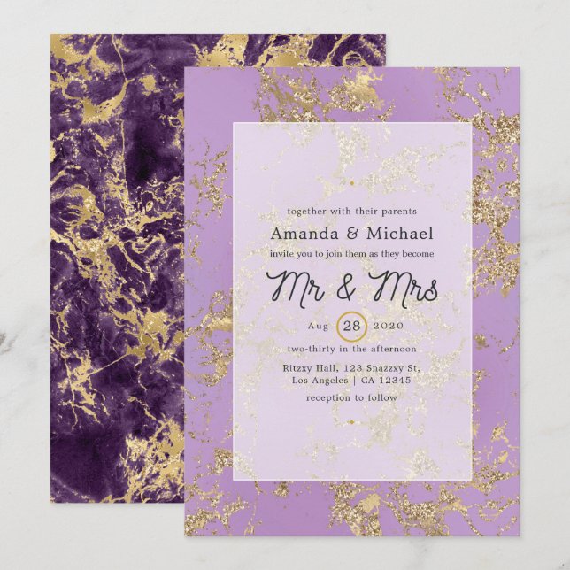 Purple and Gold Marble Wedding Invitation (Front/Back)
