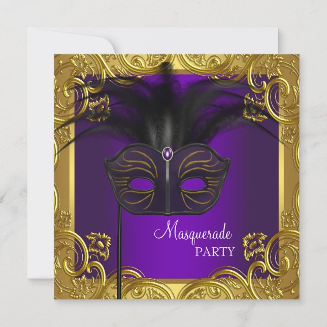 Purple and Gold Mask Masquerade Party Invitation (Front)