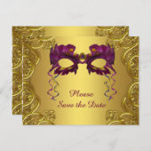 Purple and Gold Masquerade Party Save The Date Announcement Postcard (Front/Back)