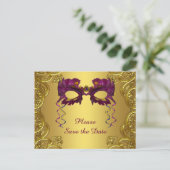 Purple and Gold Masquerade Party Save The Date Announcement Postcard (Standing Front)