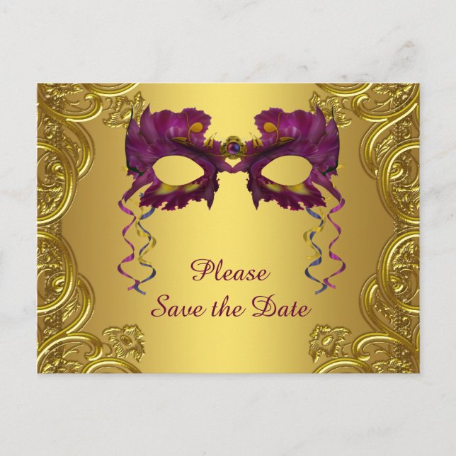 Purple and Gold Masquerade Party Save The Date Announcement Postcard (Front)