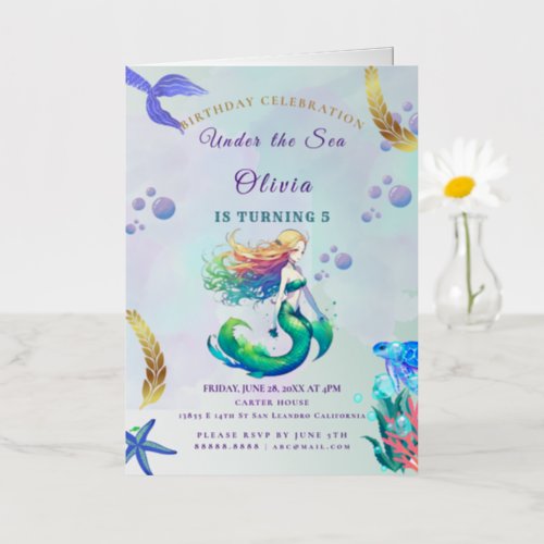 Purple and Gold Mermaid Birthday under the Sea Inv Foil Greeting Card