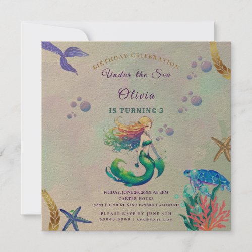 Purple and Gold Mermaid Birthday under the Sea Invitation