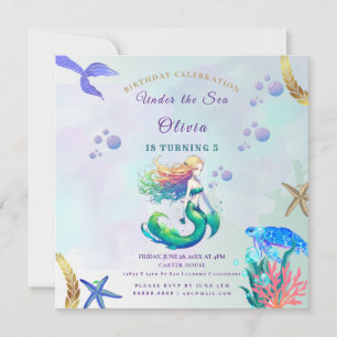 Purple and Gold Mermaid Birthday under the Sea Invitation