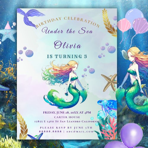 Purple and Gold Mermaid Birthday under the Sea Invitation