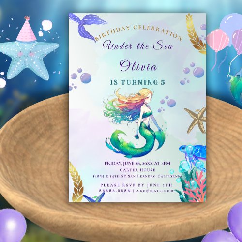 Purple and Gold Mermaid Birthday under the Sea Invitation Postcard