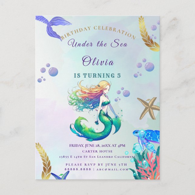 Purple and Gold Mermaid Birthday under the Sea Invitation Postcard (Front)