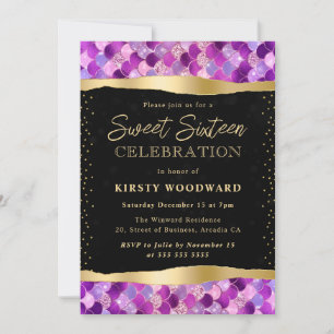 Purple and Gold Mermaid Scales Sweet 16 Invitation