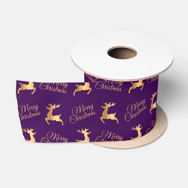 Purple and Gold Merry Christmas Word Art Satin Ribbon (Spool)