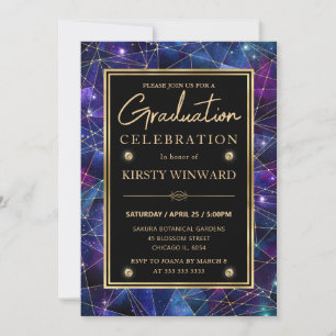 Purple and Gold Midnight Crystal Galaxy Graduation Invitation