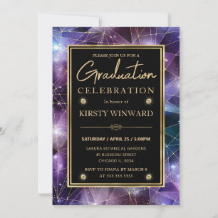 Purple and Gold Midnight Crystal Galaxy Graduation Invitation