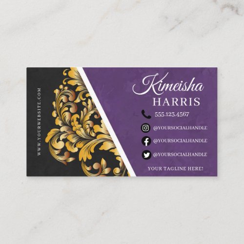 Purple and Gold Modern Hair Braiding Salon  Busine Business Card