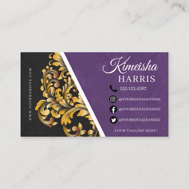 Purple and Gold Modern Hair Braiding Salon  Busine Business Card (Back)