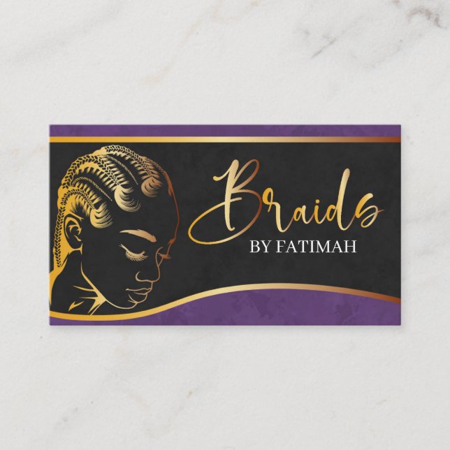Purple and Gold Modern Hair Braiding Salon Business Card (Front)