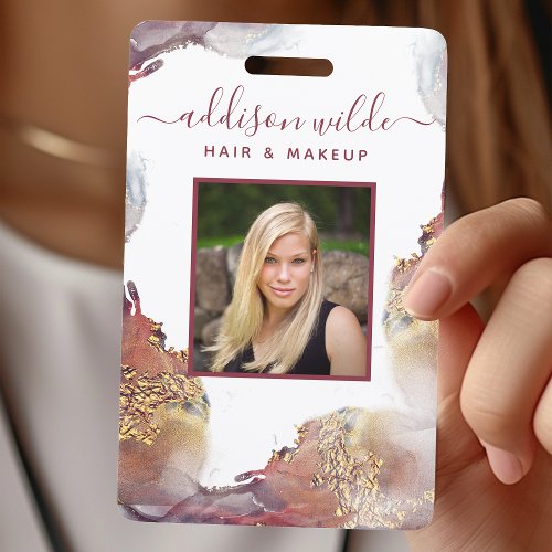 Custom Name Tags 6 Purple And Gold Modern Liquid Watercolor Salon Id Badge