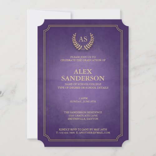 Purple and Gold MonogramLaurel Wreath Graduation Invitation