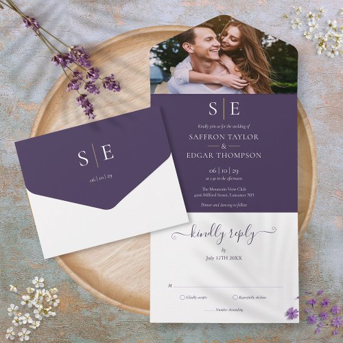 Purple And Gold Monogram Photo Wedding All In One Invitation