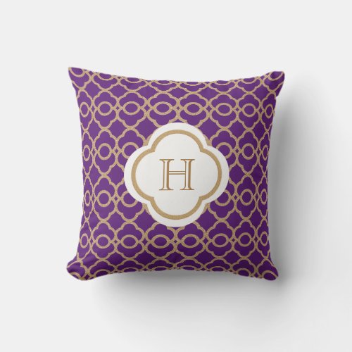 Purple and Gold Moroccan Monogram Throw Pillow