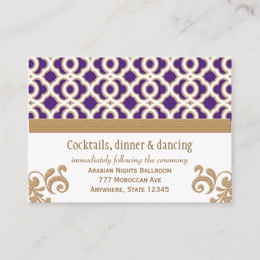 Customizable Purple and Gold Moroccan Reception Enclosure Card Business Card Templates
