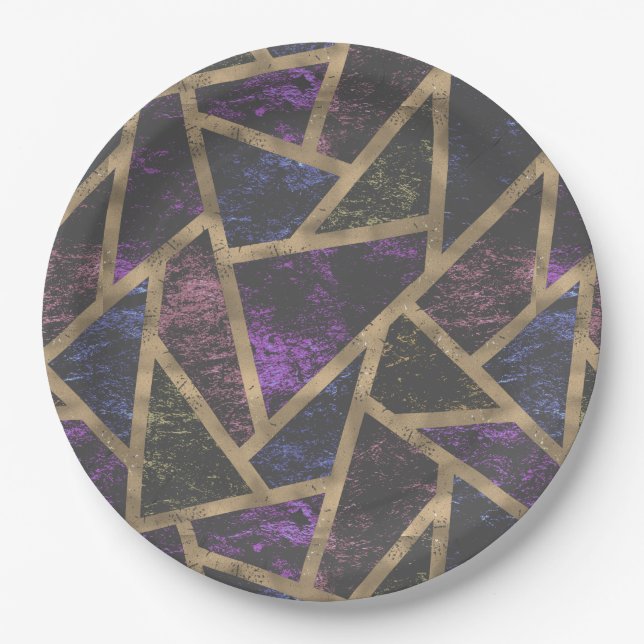 Purple and gold mosaic pattern paper plates (Front)