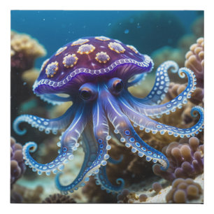 Purple and Gold Octopus in Coral Reef Faux Canvas Print