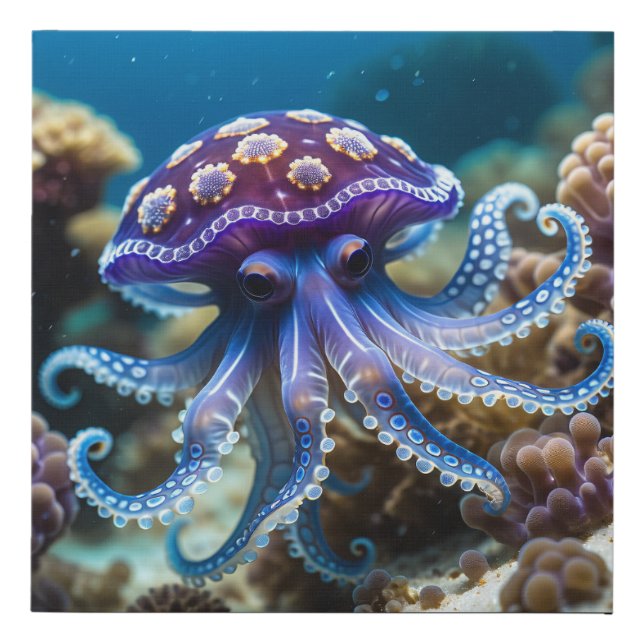 Purple and Gold Octopus in Coral Reef Faux Canvas Print (Front)