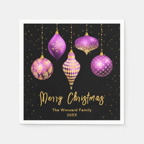 Purple and Gold Ornaments Merry Christmas Napkins