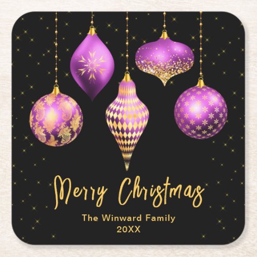 Purple and Gold Ornaments Merry Christmas Square Paper Coaster