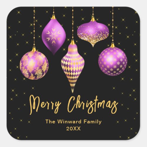 Purple and Gold Ornaments Merry Christmas Square Sticker