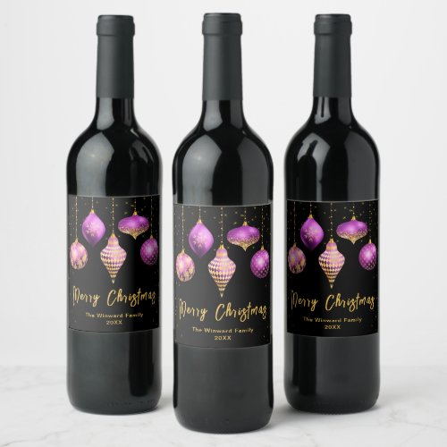 Purple and Gold Ornaments Merry Christmas Wine Label