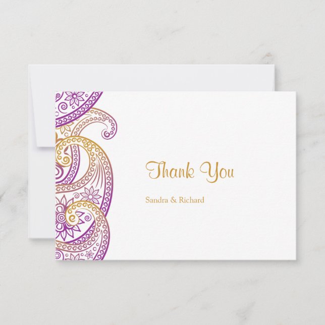 Purple and Gold Paisley Traditional Indian Wedding Thank You Card (Front)