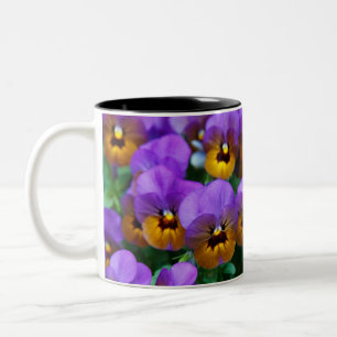 Purple and Gold Pansies Two-Tone Coffee Mug